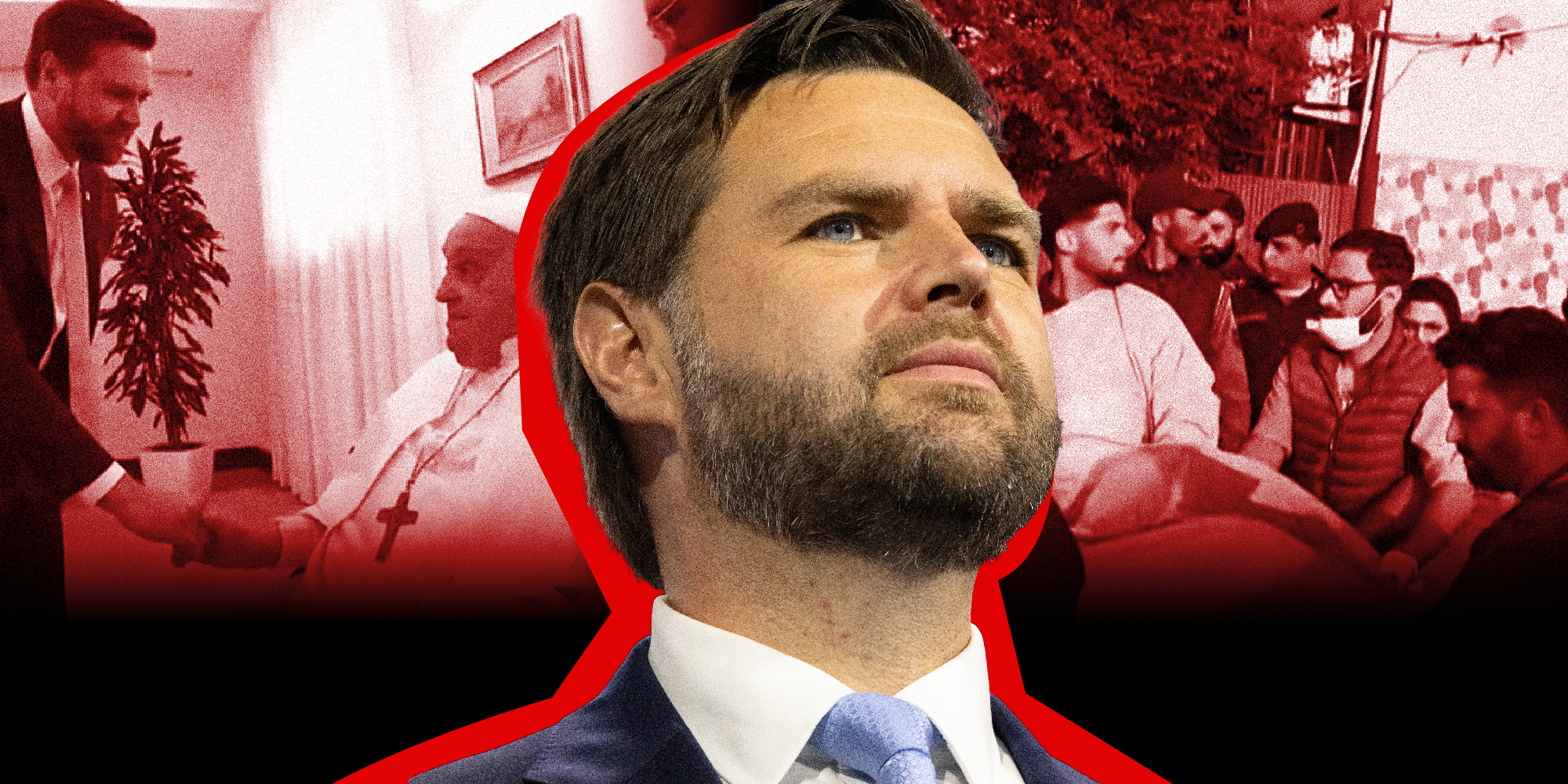 3 panel image: JD Vance shakes the hand of the late Pope, JD Vance, and people running with a stretcher in Kashmir.