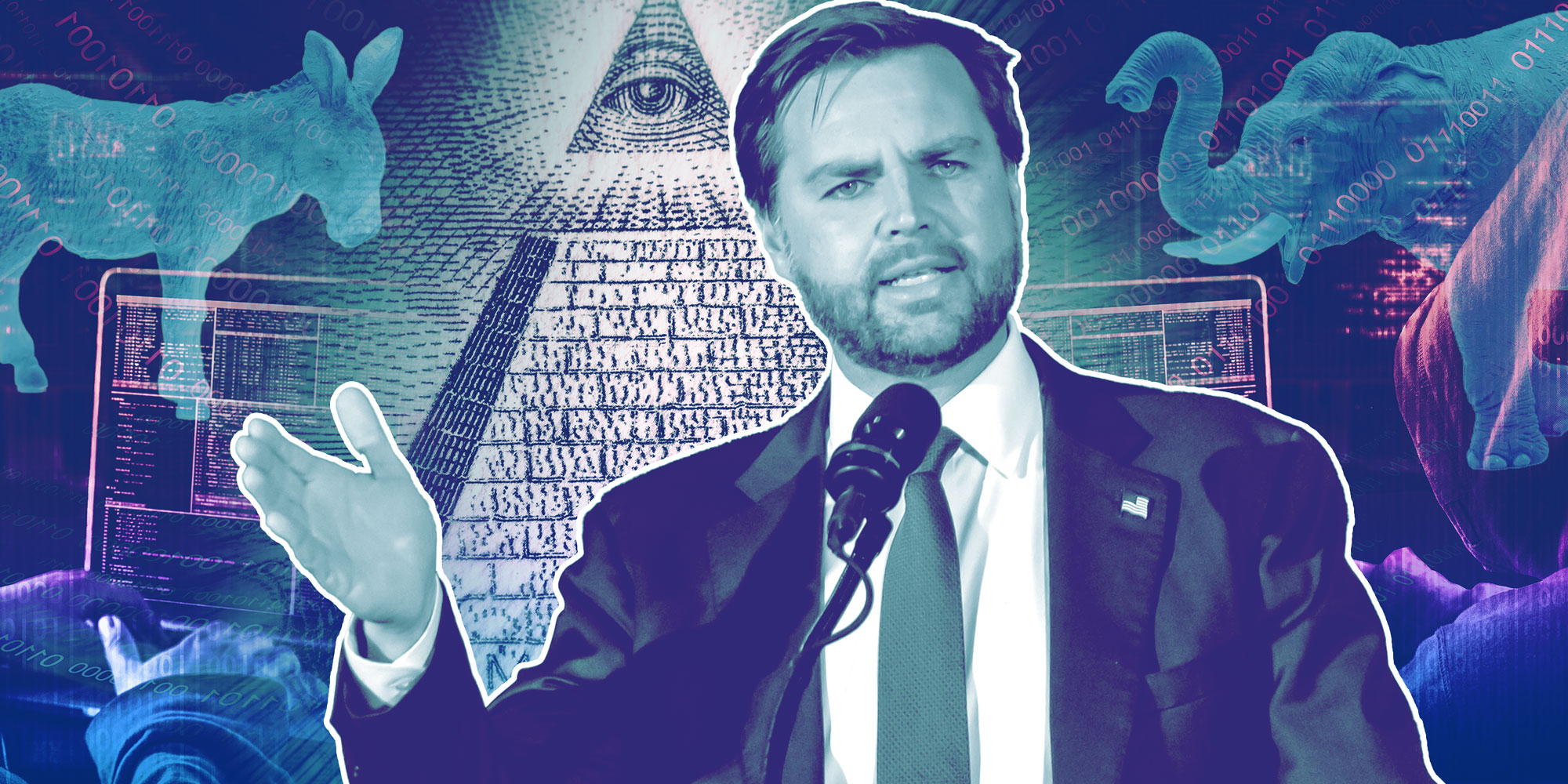 Photo Illustration of JD Vance in front of various Conspiracy theory images.
