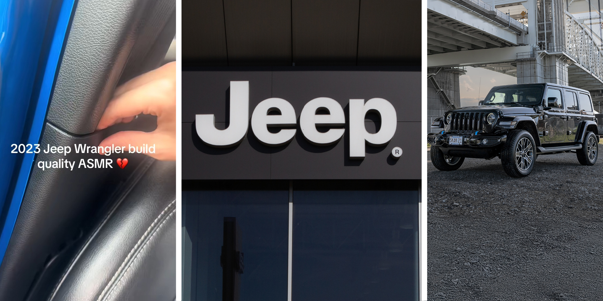 person checking keep wrangler quality(l) Jeep Dealer logo(c) Black Jeep Wrangler(r)