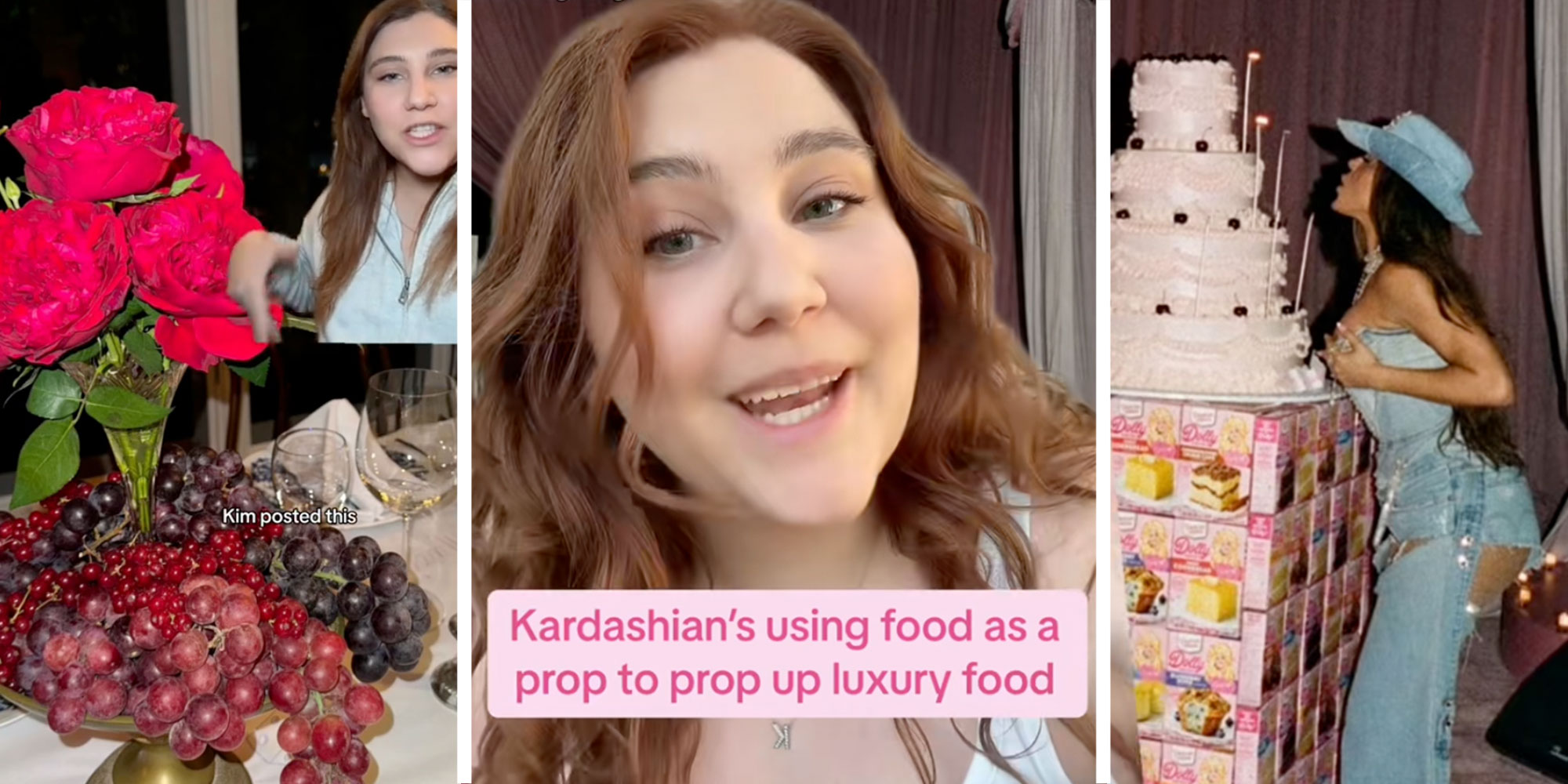 Left: Screenshot from Tiktok user @kfesteryga of Kim Kardashian's grape display; Center: Screenshot of Tiktok user @kfesteryga with the caption "Kardashian's using food as a prop to prop up luxury food"; Screenshot from Tiktok user @kfesteryga of Khloe Kardashian's birthday cake on top of a structure of cake mix boxes.