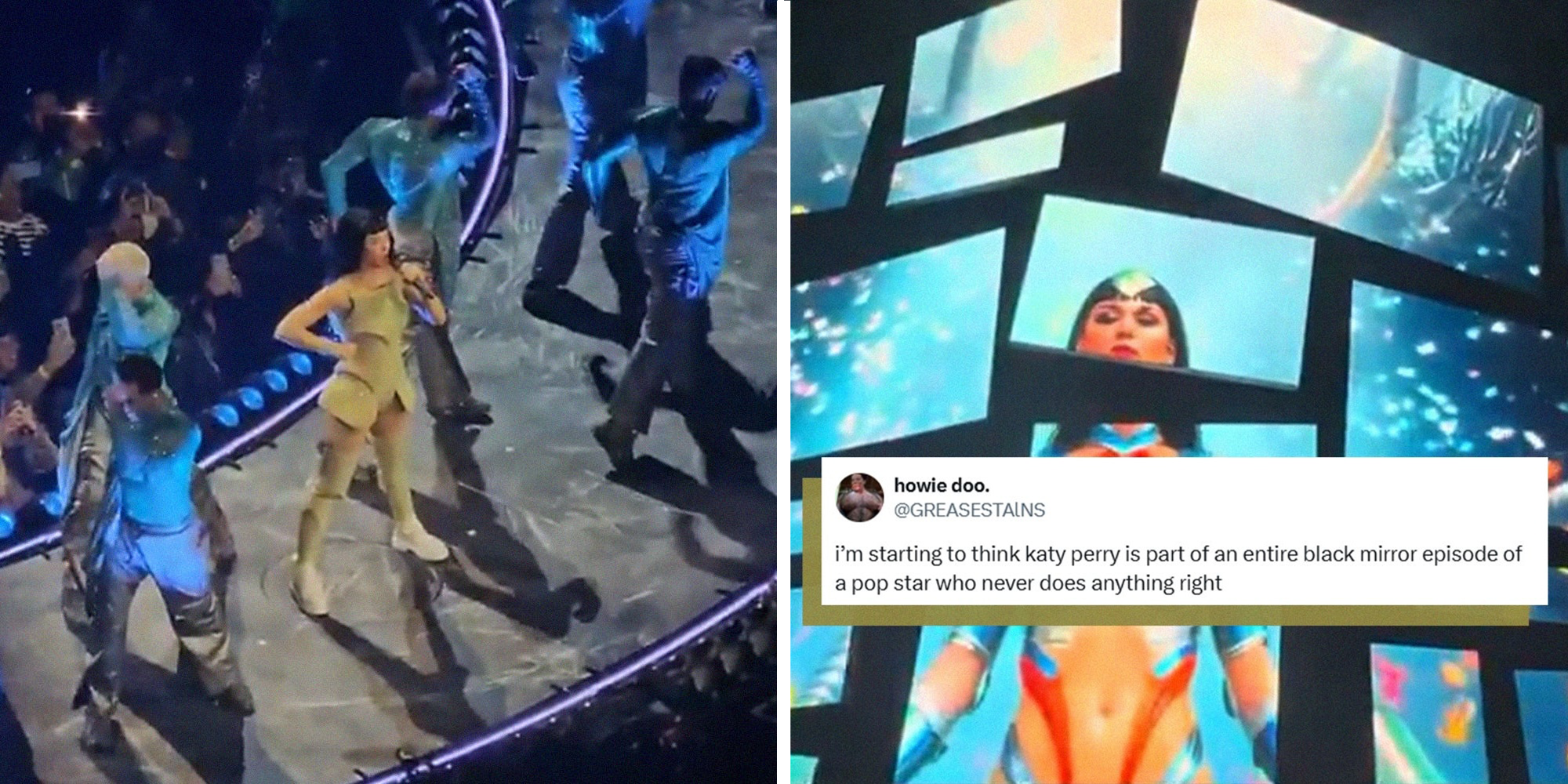 Katy Perry at Concert(l) X Comment overlayed on Katy Perry Screens Background(r)