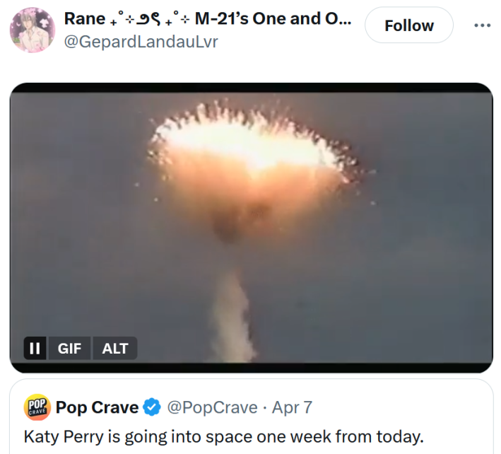 Tweet with a gif of a spacecraft exploding on launch.