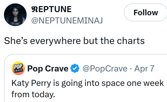 Tweet reading "She’s everywhere but the charts"