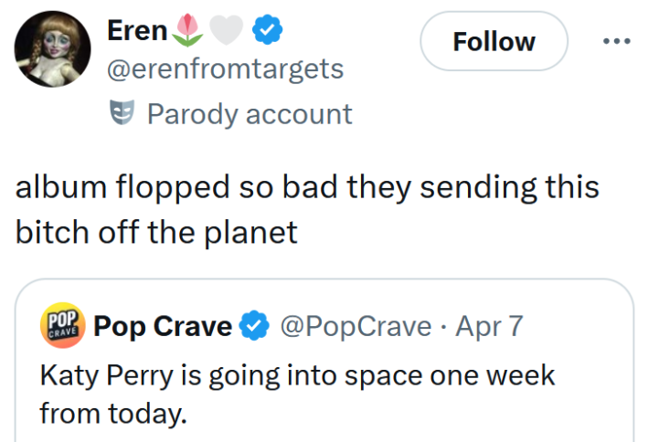 Tweet reading "album flopped so bad they sending this bitch off the planet"