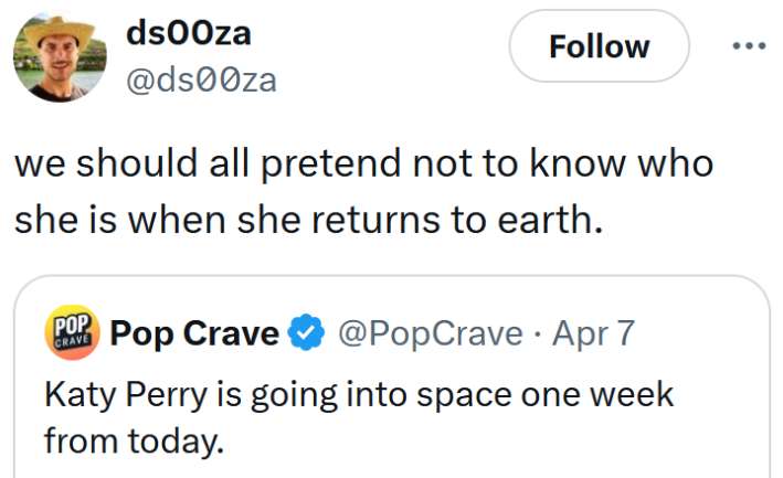 Tweet reading "we should all pretend not to know who she is when she returns to earth."