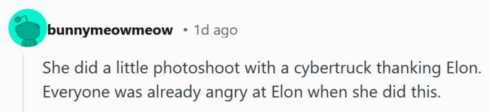 Reddit comment reading "She did a little photoshoot with a cybertruck thanking Elon. Everyone was already angry at Elon when she did this."