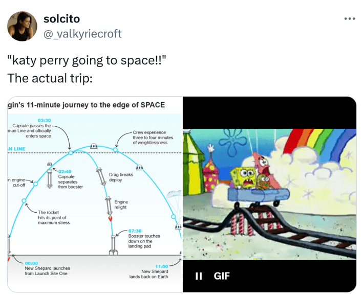 Tweet meme about Katy Perry going to space.