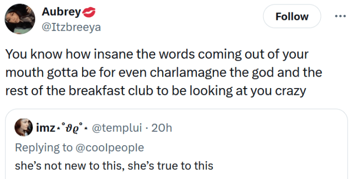 Tweet reading "You know how insane the words coming out of your mouth gotta be for even charlamagne the god and the rest of the breakfast club to be looking at you crazy"