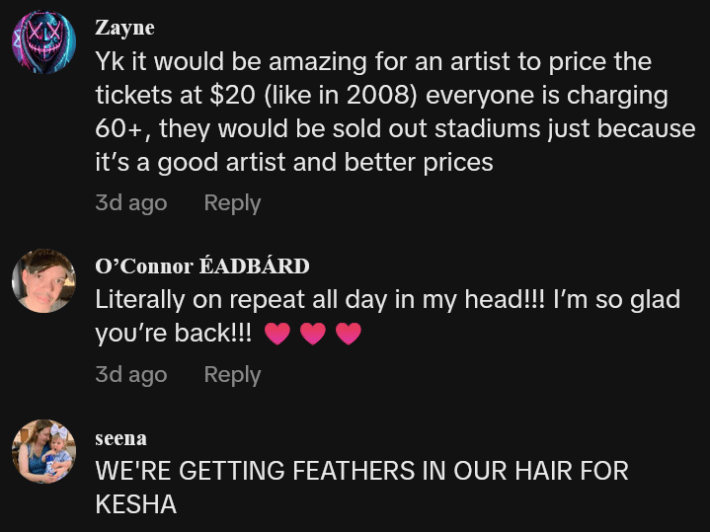 TikTok comments including one reading "Yk it would be amazing for an artist to price the tickets at $20 (like in 2008) everyone is charging 60+, they would be sold out stadiums just because it’s a good artist and better prices"