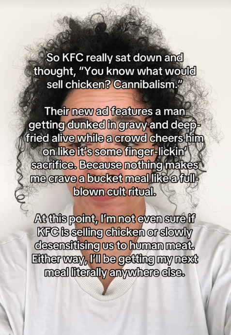 TikTok video with a woman covered in text about the new KFC ad campaign.