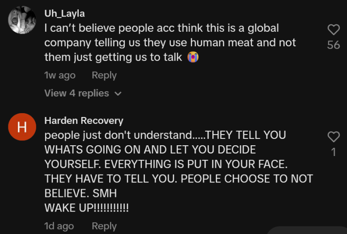 TikTok comments including one reading "I can’t believe people acc think this is a global company telling us they use human meat and not them just getting us to talk."