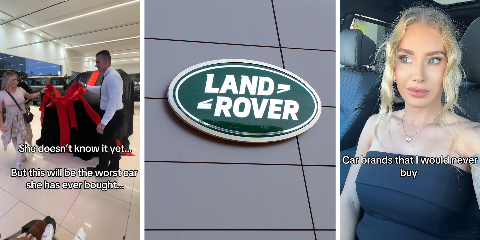 woman and car salesman remove black cover from vehicle to make a reveal(l) Land Rover Logo on building(c) Woman shares which vehicles not to buy(r)