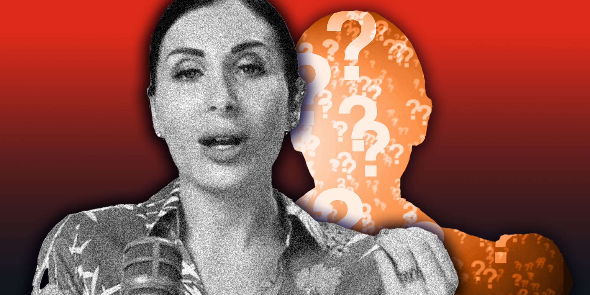 Photo composite of Laura Loomer in front of a silhouette of herself filled with question marks.