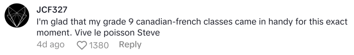 TikTok comment that says, "I'm glad that my grade 9 canadian-french classes came in handy for this exact moment. Vive le poisson Steve"