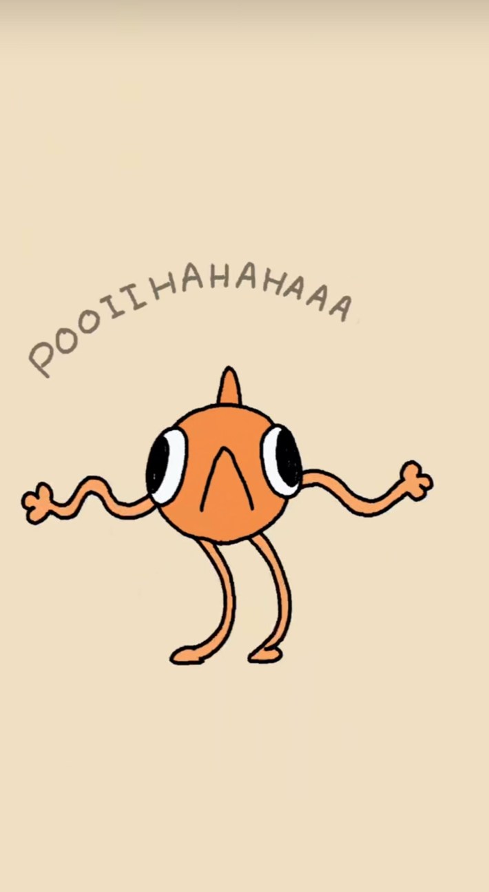 Steve the Fish staring at the viewer and waving his noodle arms.