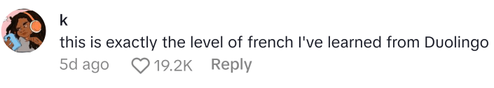 TikTok comment that says, "this is exactly the level of french I've learned from Duolingo"
