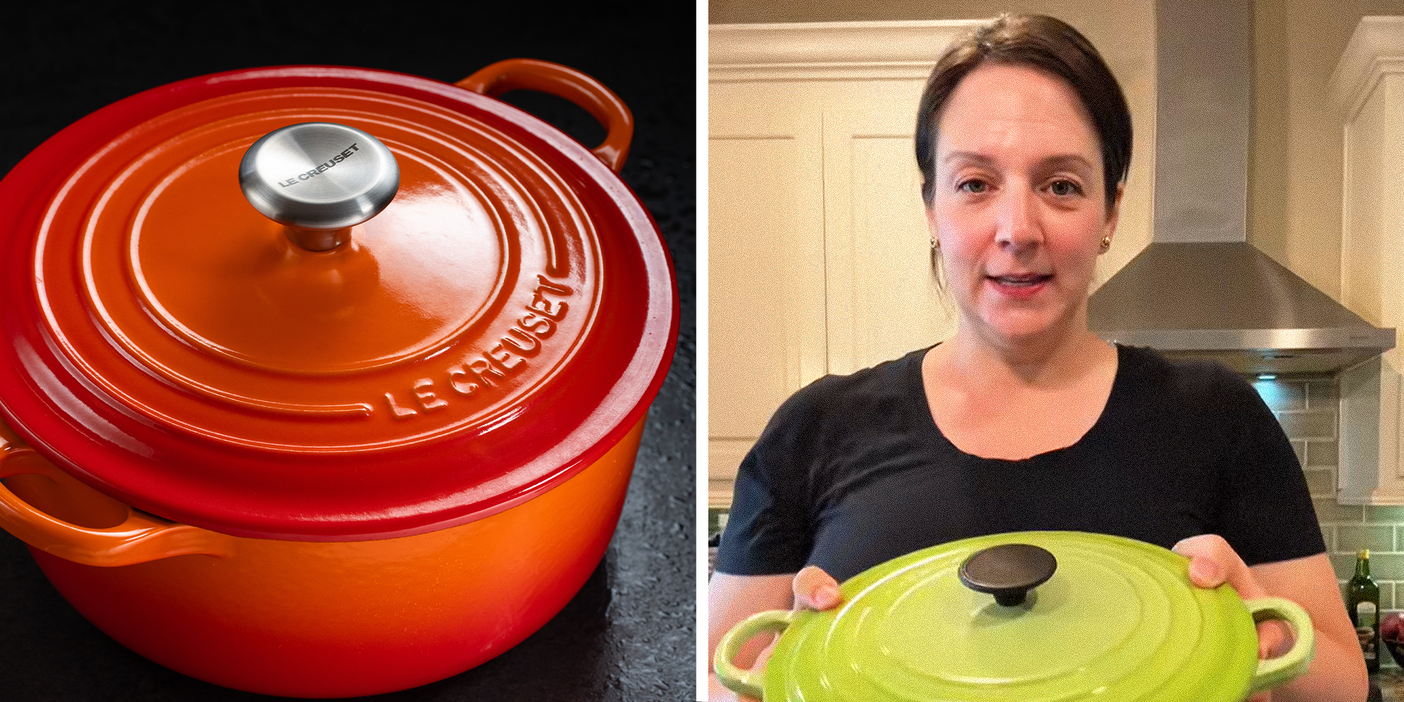 2 panel image. Le Creuset pot on left. Woman holding old Le Creuset pot on right.