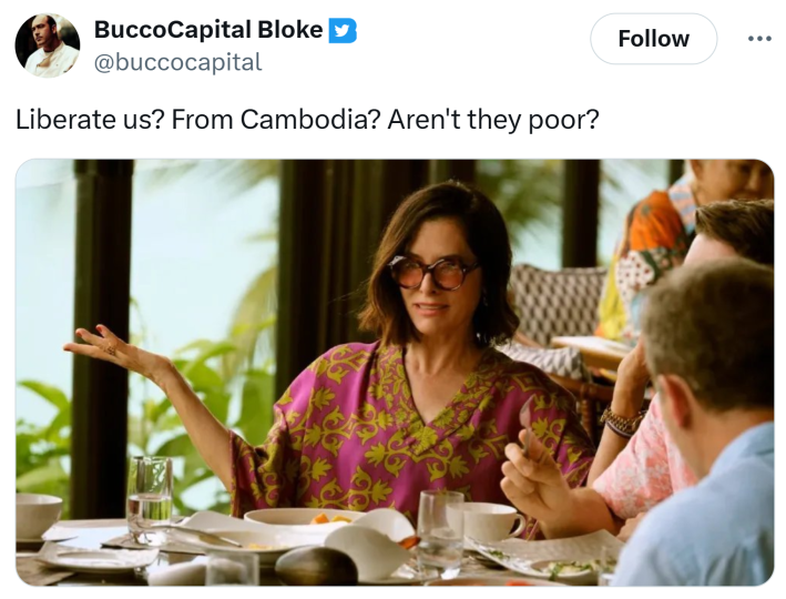 Liberation Day tariff meme. Text reads, "Liberate us? From Cambodia? Aren't they poor?"
