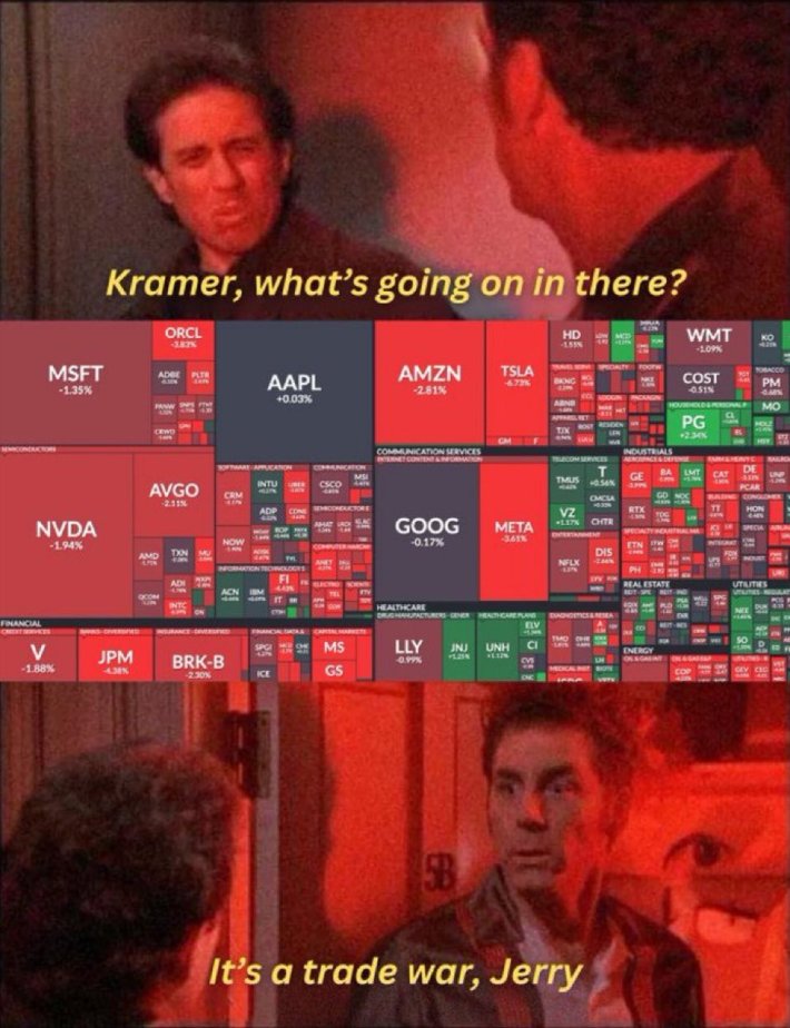 Liberation Day tariff meme. Jerry asking Kramer, "What's going on here?" Kramer replies, "IT's a trade war, Jerry."