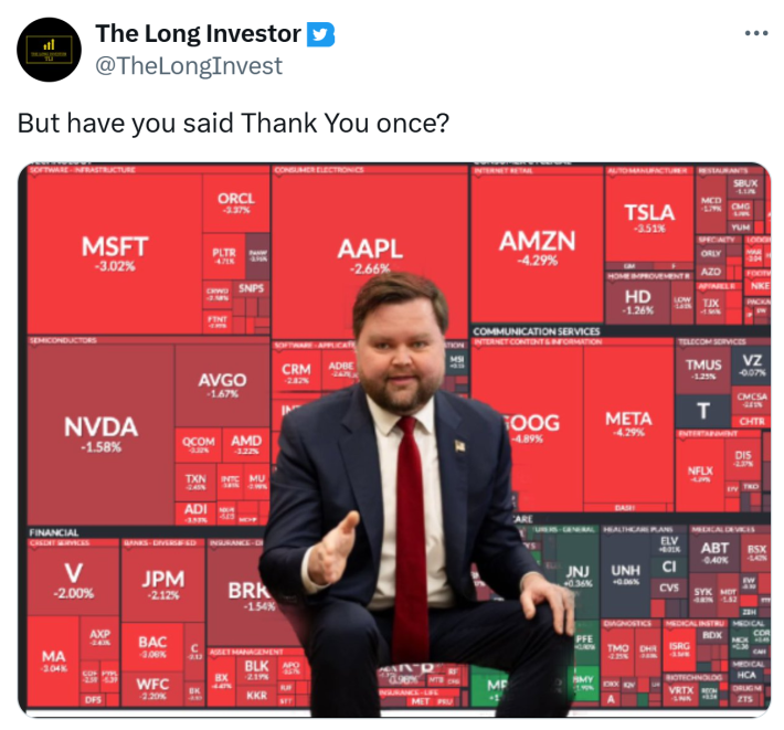 Liberation Day tariff meme of J.D. Vance saying, "But have you said Thank You once?"