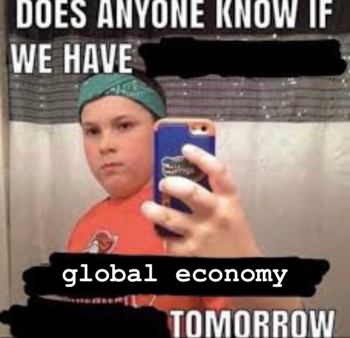 Liberation Day tariff meme. Text reads, "Does anyone know if we have global economy tomorrow"