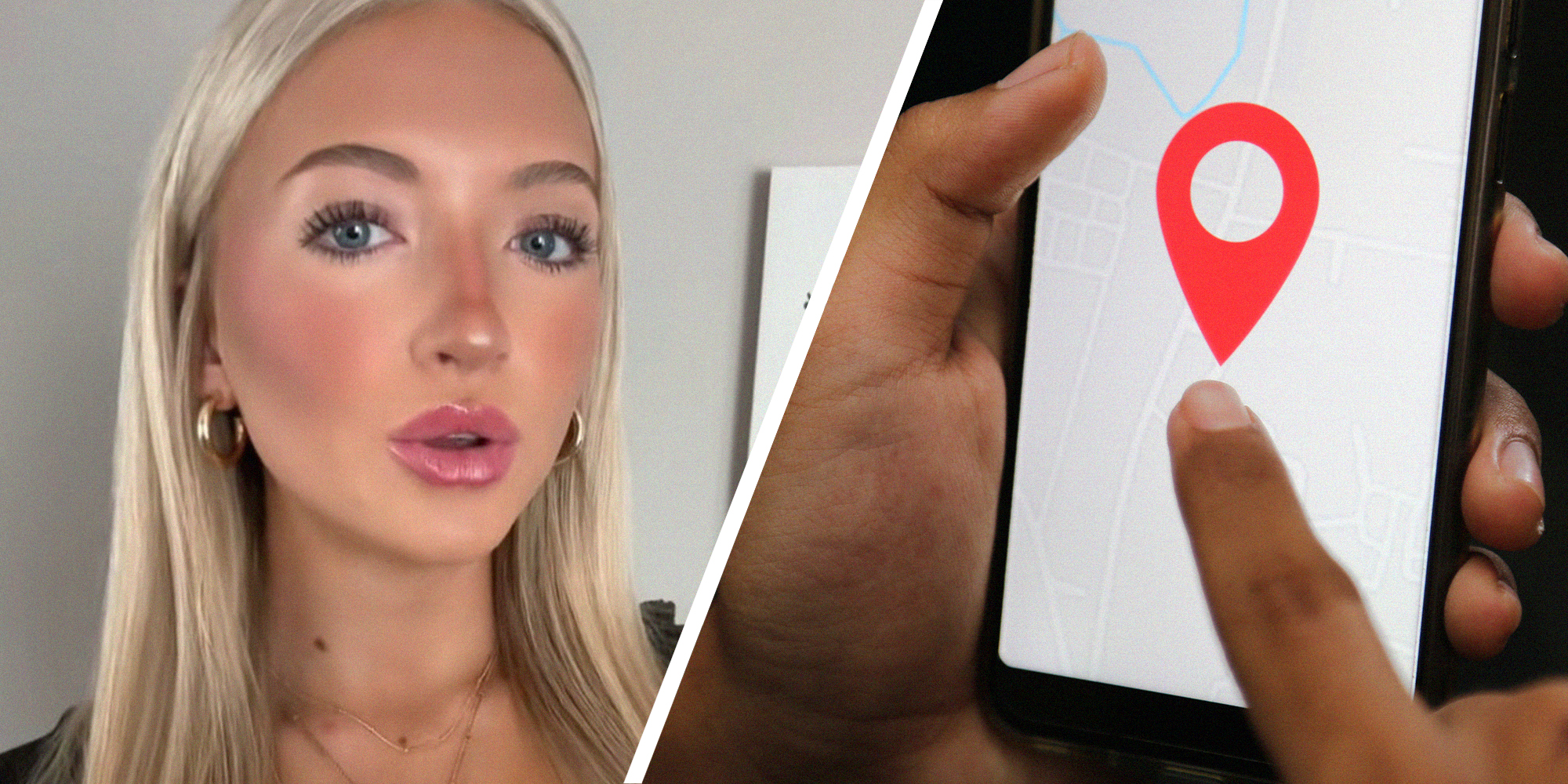 woman shares information about sharing location with someone(l) finger pointing at phone location(r)