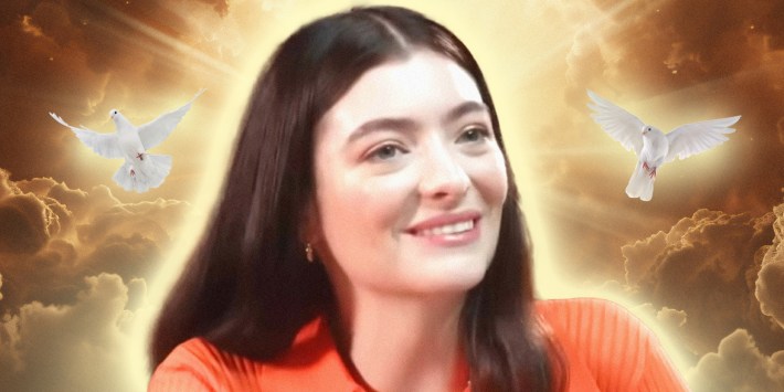 photo collage of the singer Lorde with a golden sunrise and doves behind her.