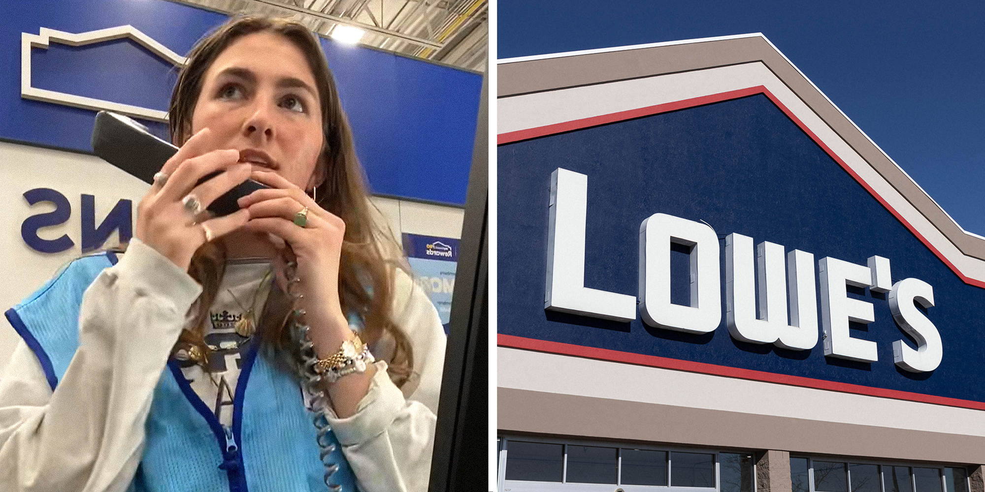 2 panel image. Lowe's employee speaking into speaker phone on left. Lowe's store on right.