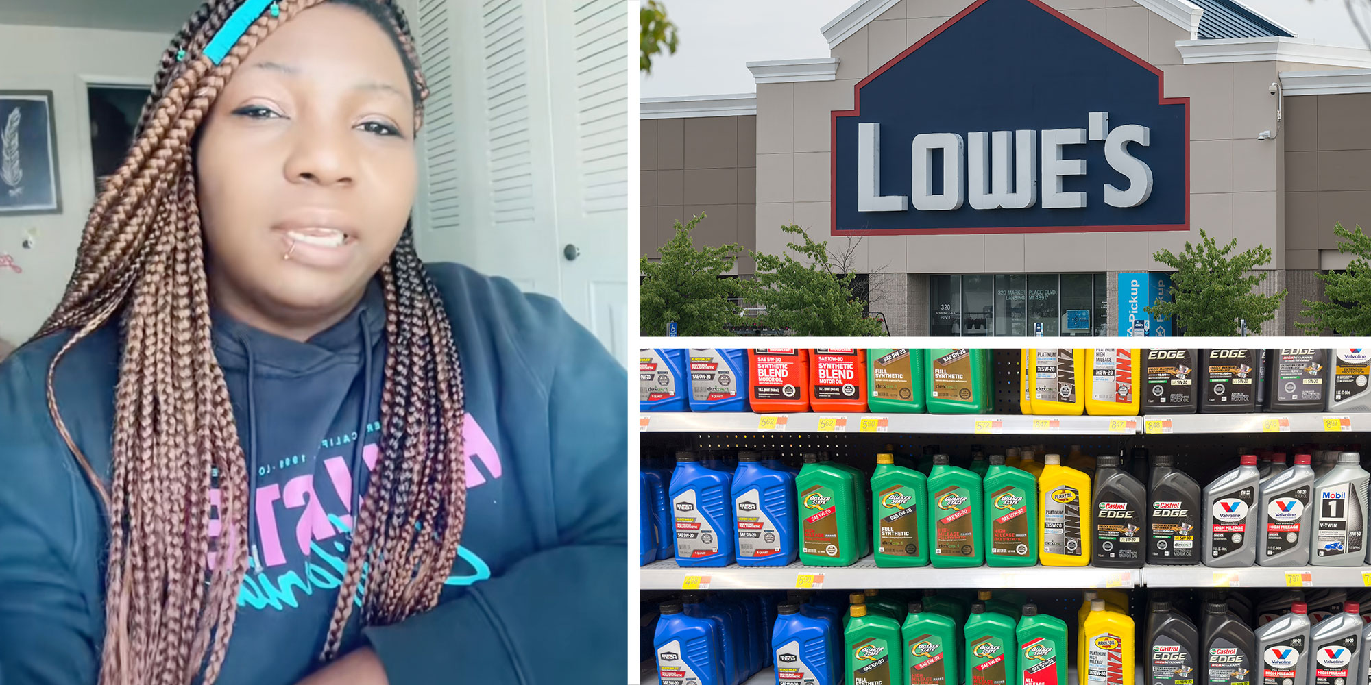 3 panel image of woman, lowes, motor oil