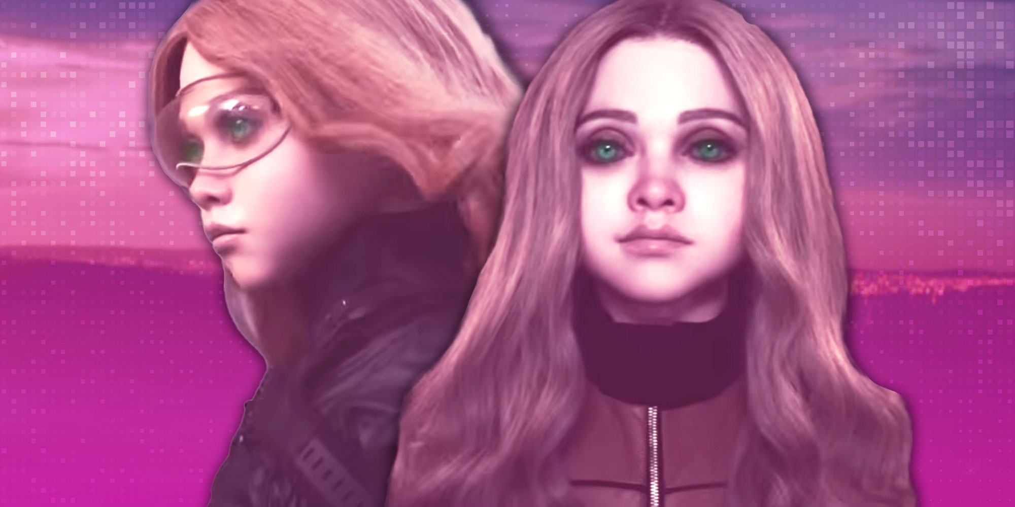 Photo composite of M3GAN from the M3GAN 2.0 trailer over a pink pixelated background.