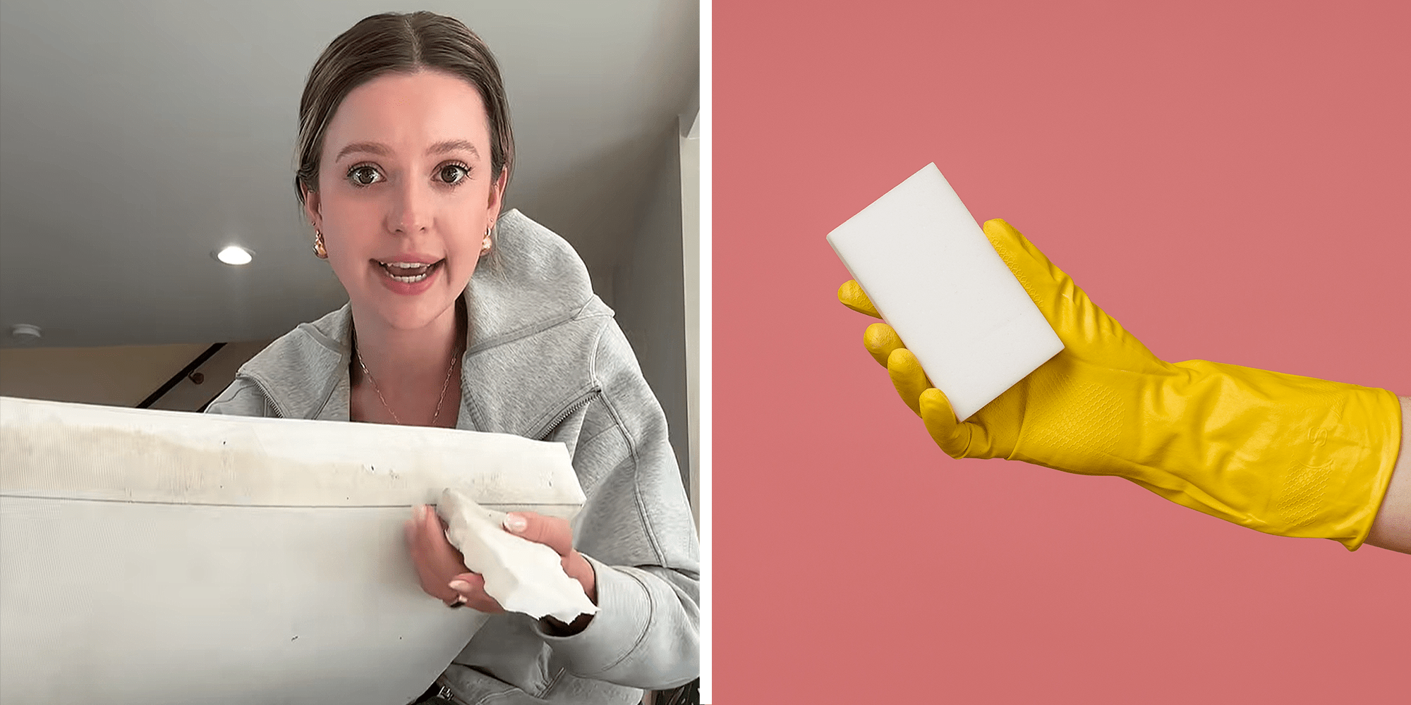 2 image split. Woman holding stained couch cushion on left. Magic eraser in hand on right.
