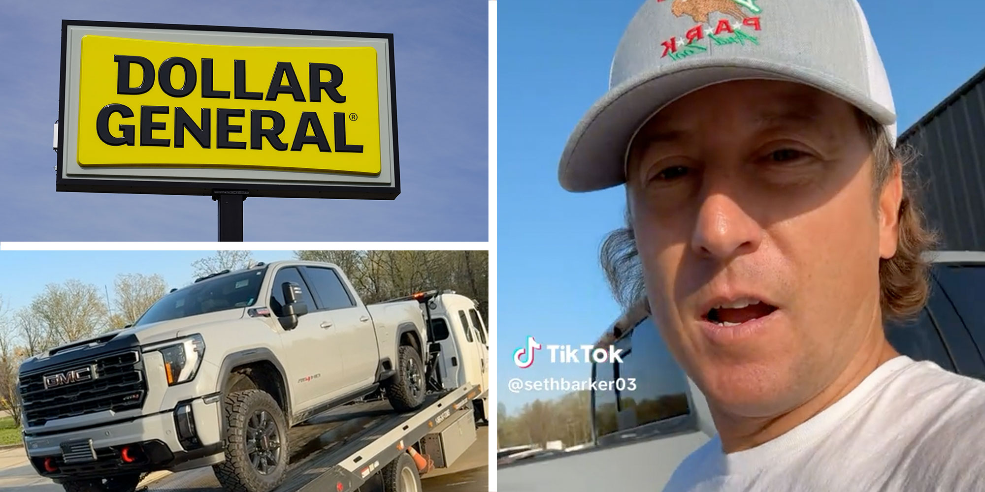 3 panel image of dollar general sign, GMC Duramax, man