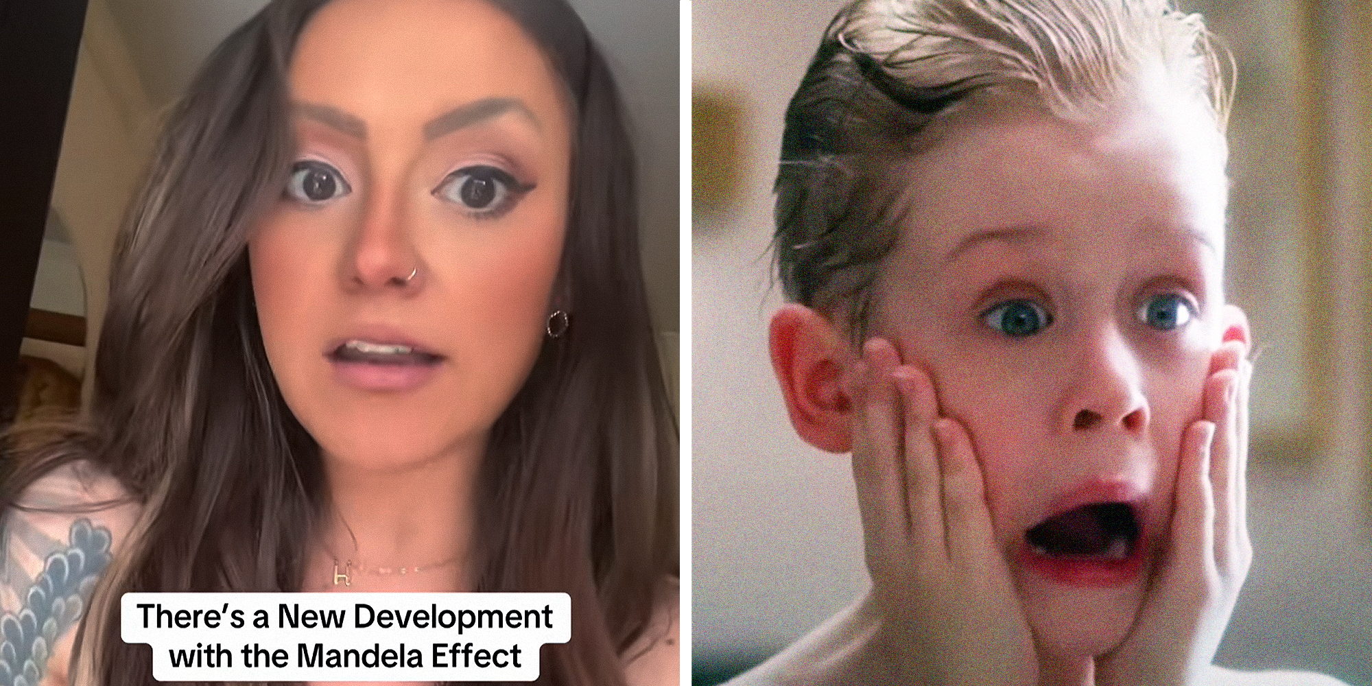 Woman on left with overlayed text that reads: "There's a new development with the Mandela effect. Home Alone movie still on the right.