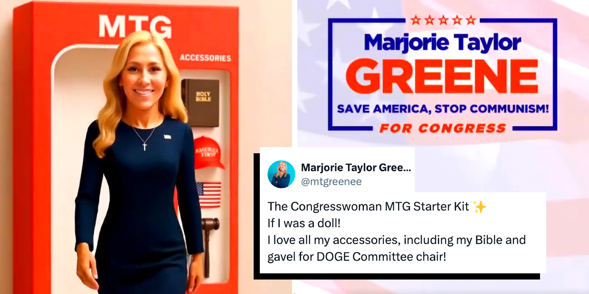 AI-generated image of Marjorie Taylor Greene and an ad campaign of hers.