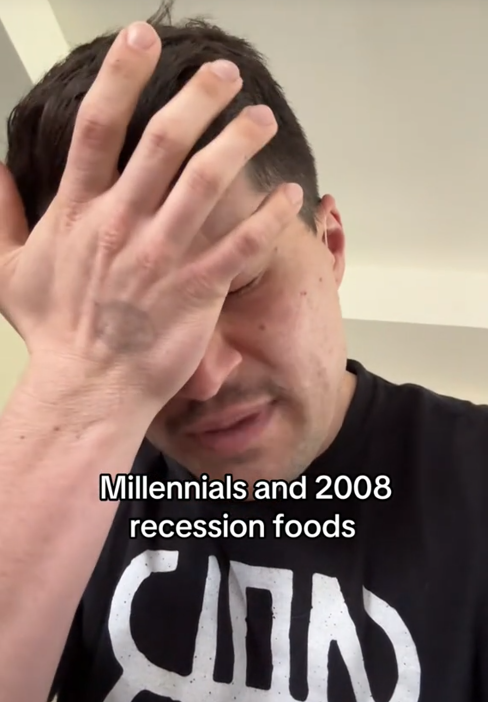 A man in a TikTok video face-palming under the caption "Millennials and 2008 recession foods."