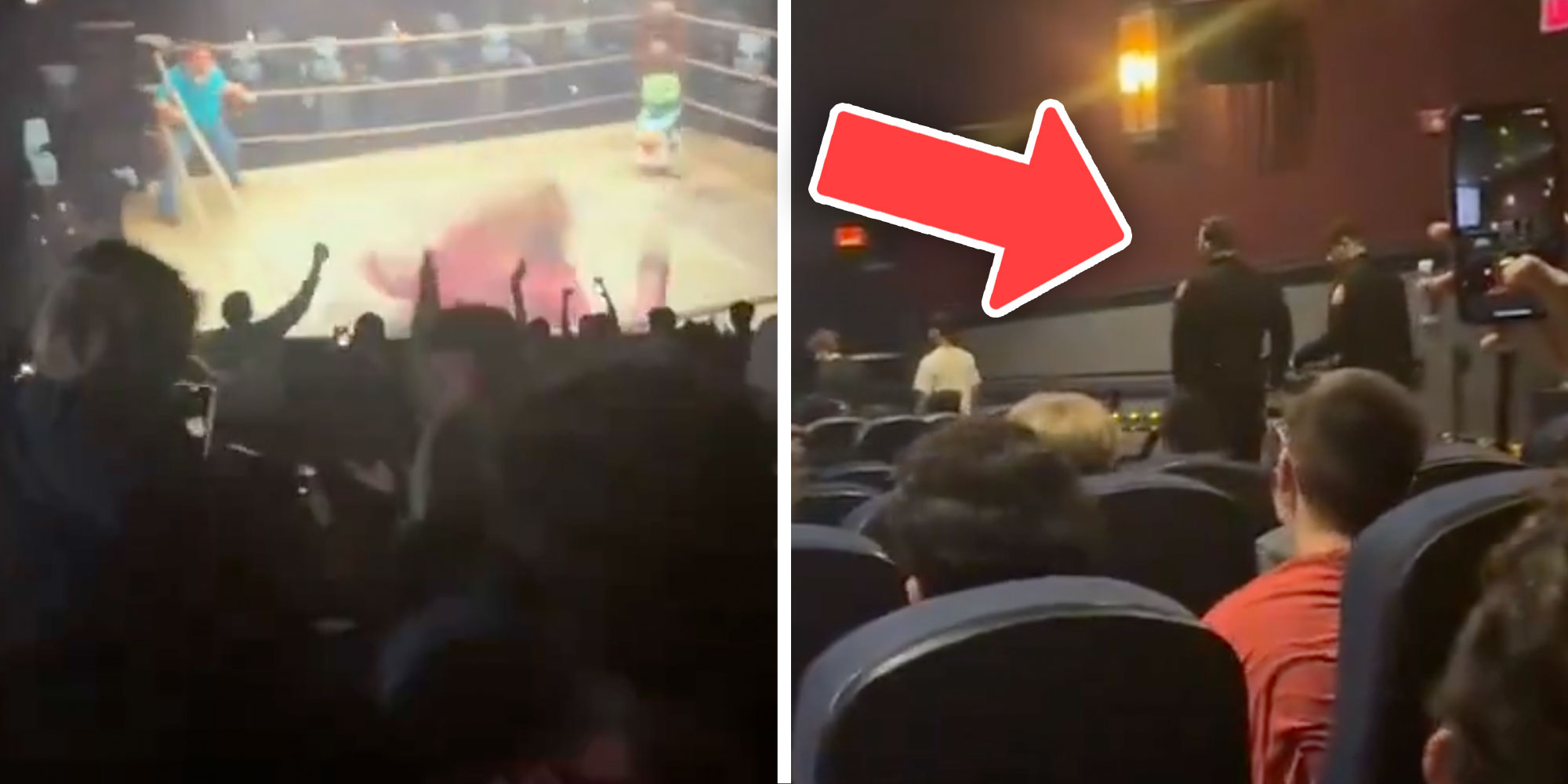 Screenshots from X user @DiscussingFilm of a movie theater audience reacting to the Minecraft movie and a screenshot of police entering said movie theatre.