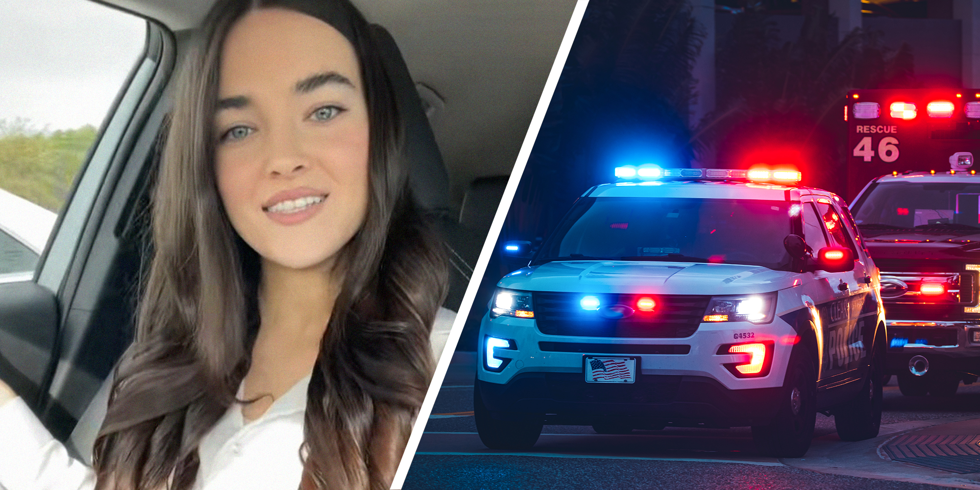 woman claims cops tell her she is a missing person(l) Police Car with sirens on at night(r)