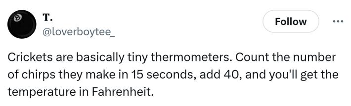 Tweet that says, "Crickets are basically tiny thermometers. Count the number of chirps they make in 15 seconds, add 40, and you'll get the temperature in Fahrenheit."