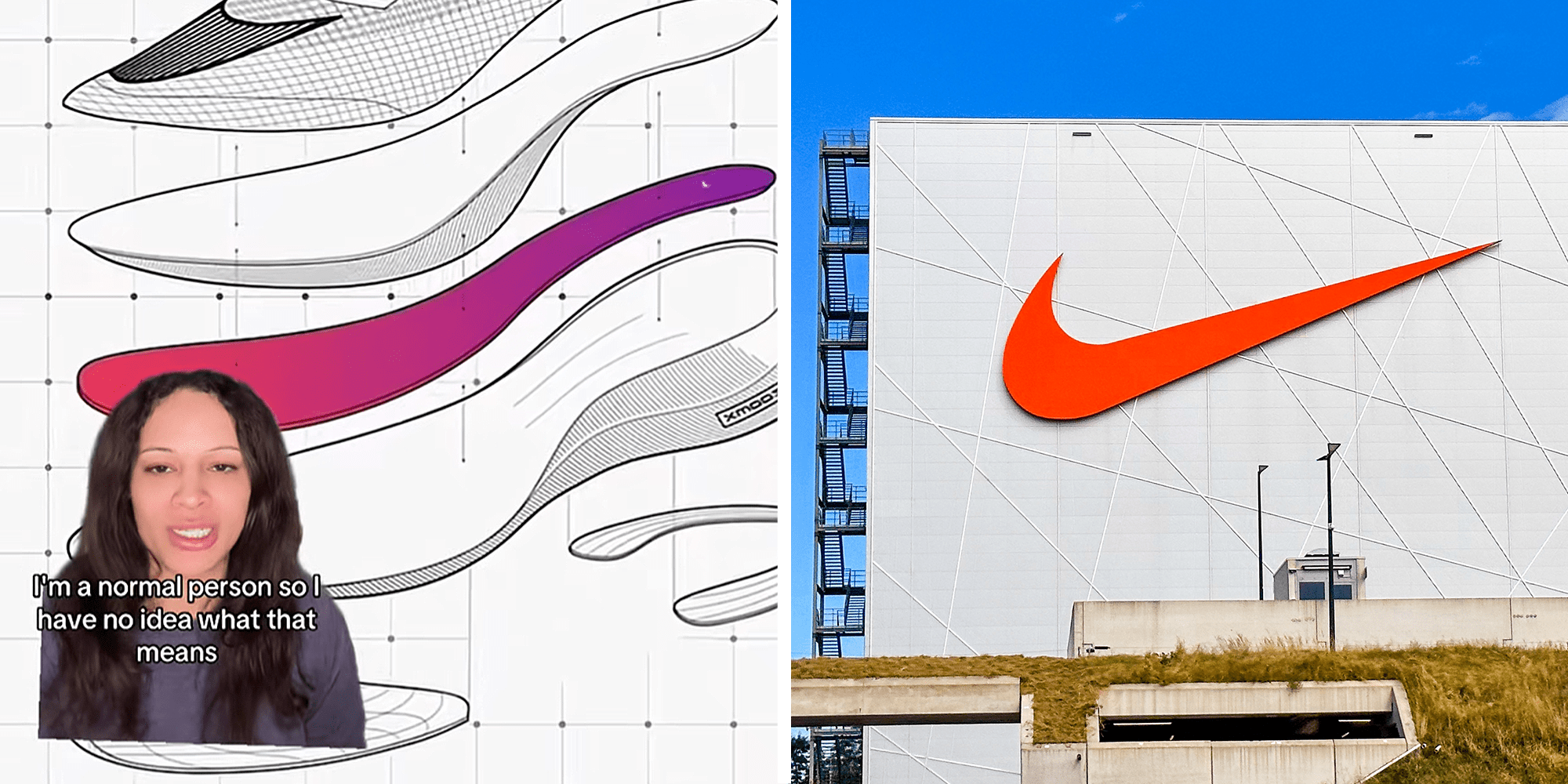 2 image split. Woman explaining shoe on left. Nike on right.