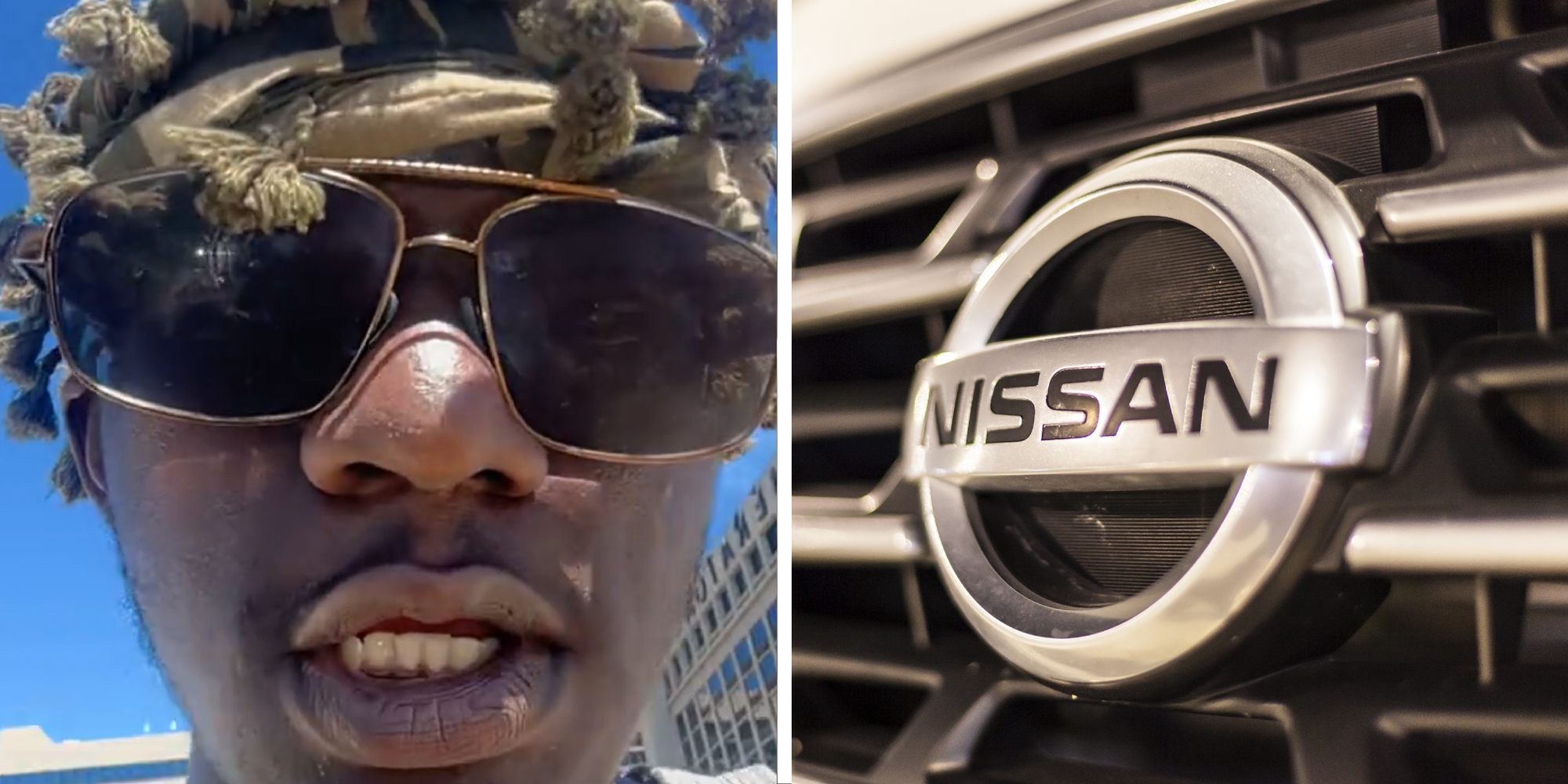 2 panel image: a person wearing sunglasses explains and the Nissan logo.
