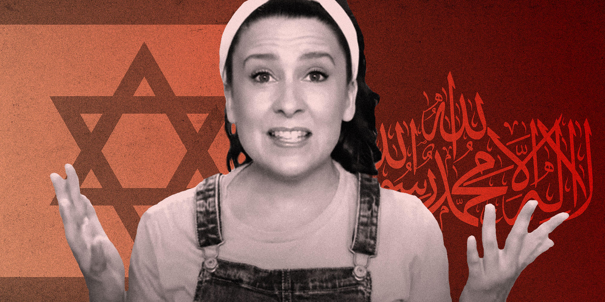 Photo Illustration of Ms. Rachel over Israel and Hamas flags.