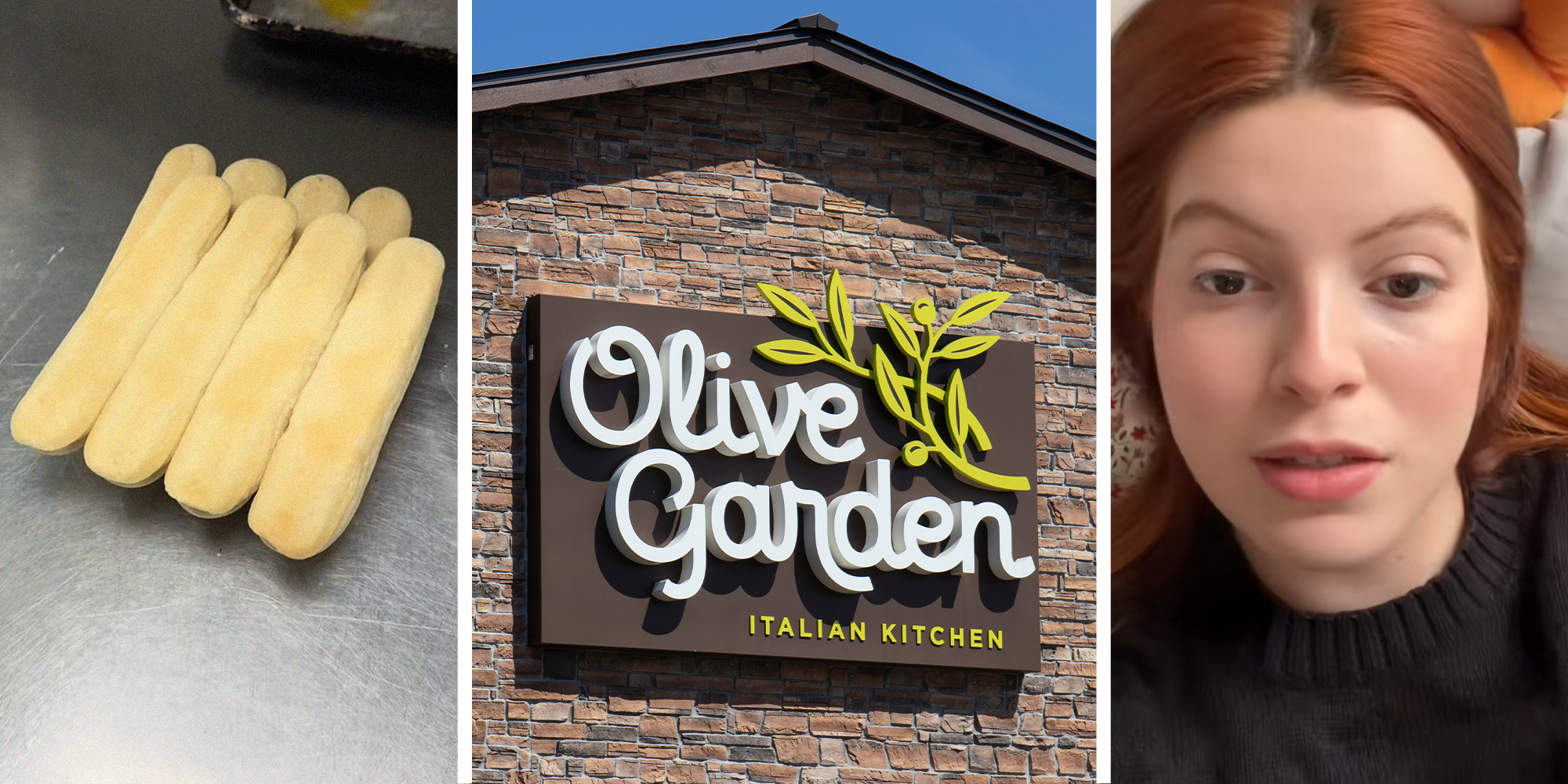 breadsticks on metal table(l) Olive Garden logo on building(c) Woman with red hair shares how to make olive garden bread(r)