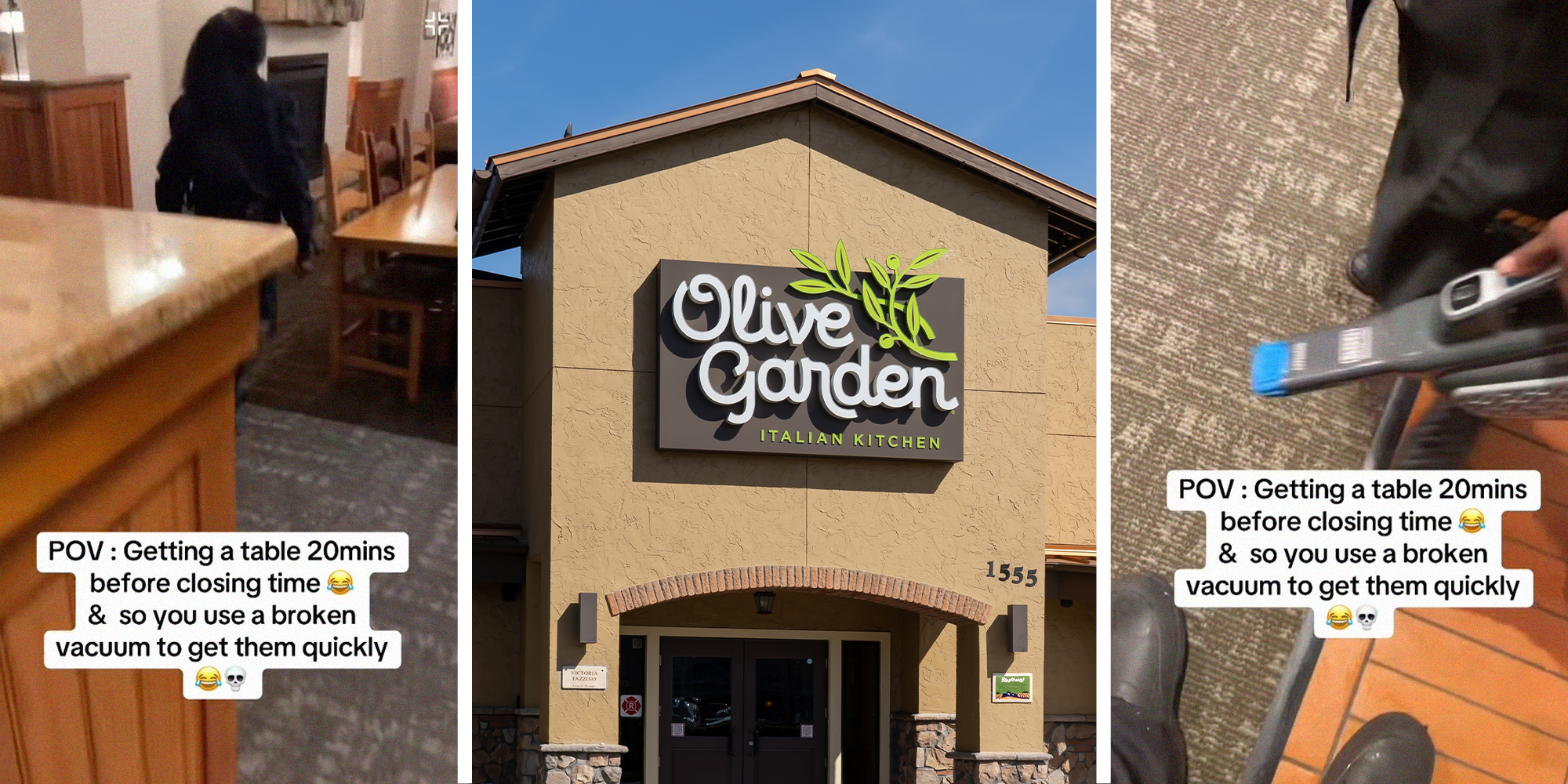 oliver garden workers uses vacuum to clean floors(l)(r); Oliver Garden restaurant front(c)