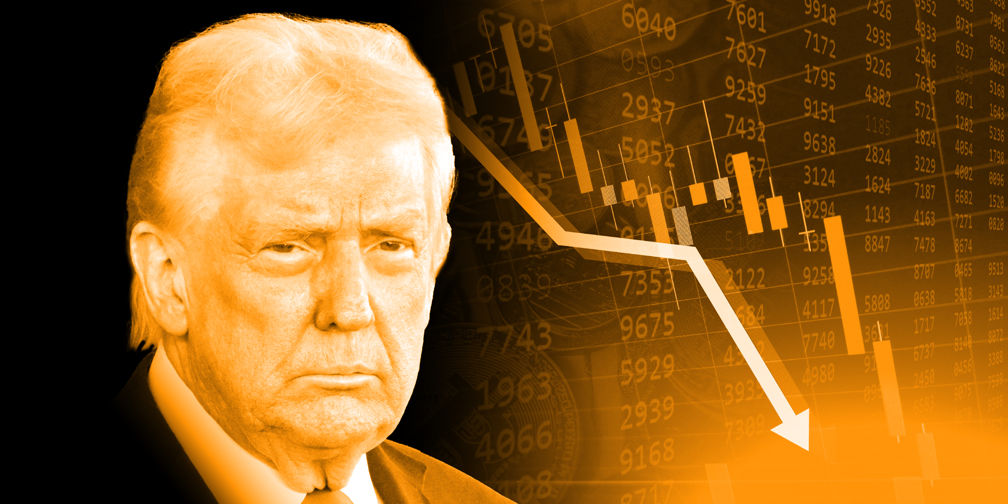 photo collage of Donald Trump and a plunging stock market arrow.