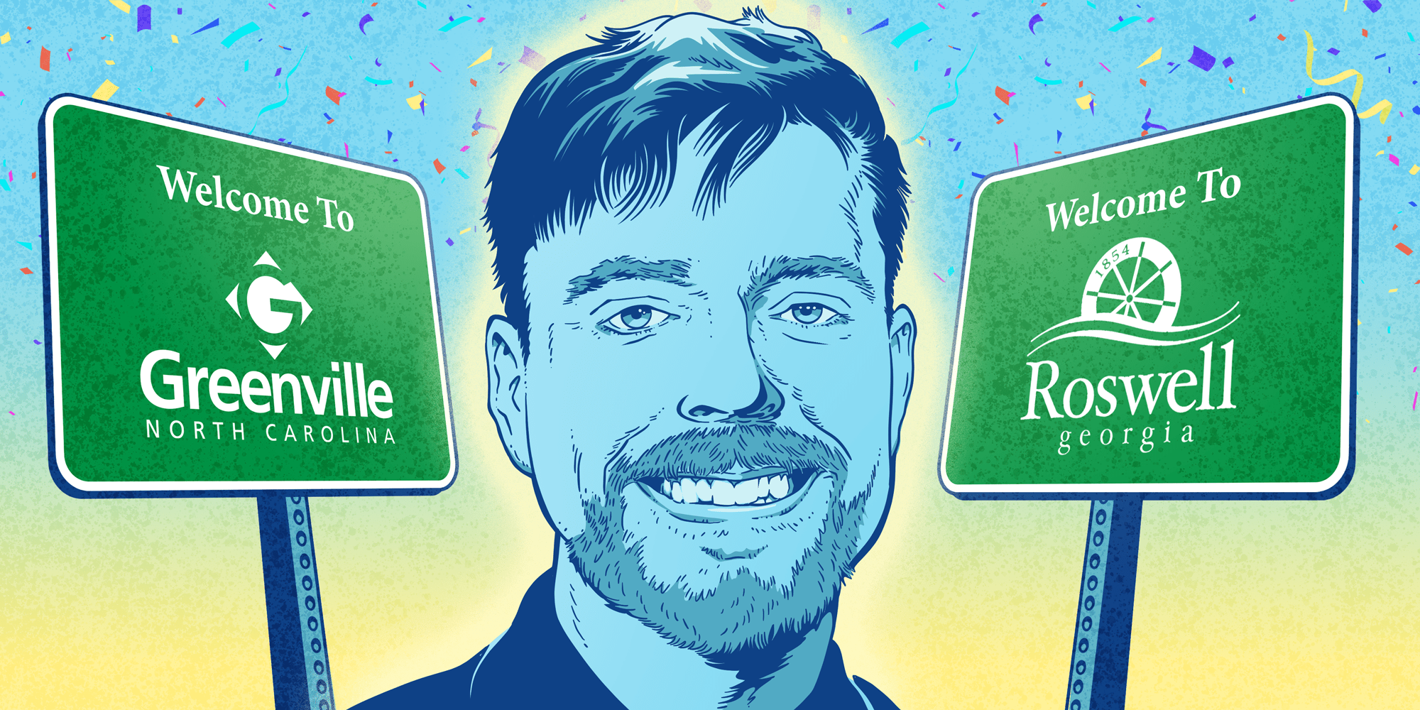 Illustration of Mr. Beast standing in front of 2 town welcome signs, one for Greenville, North Carolina and one for Roswell, Georgia.
