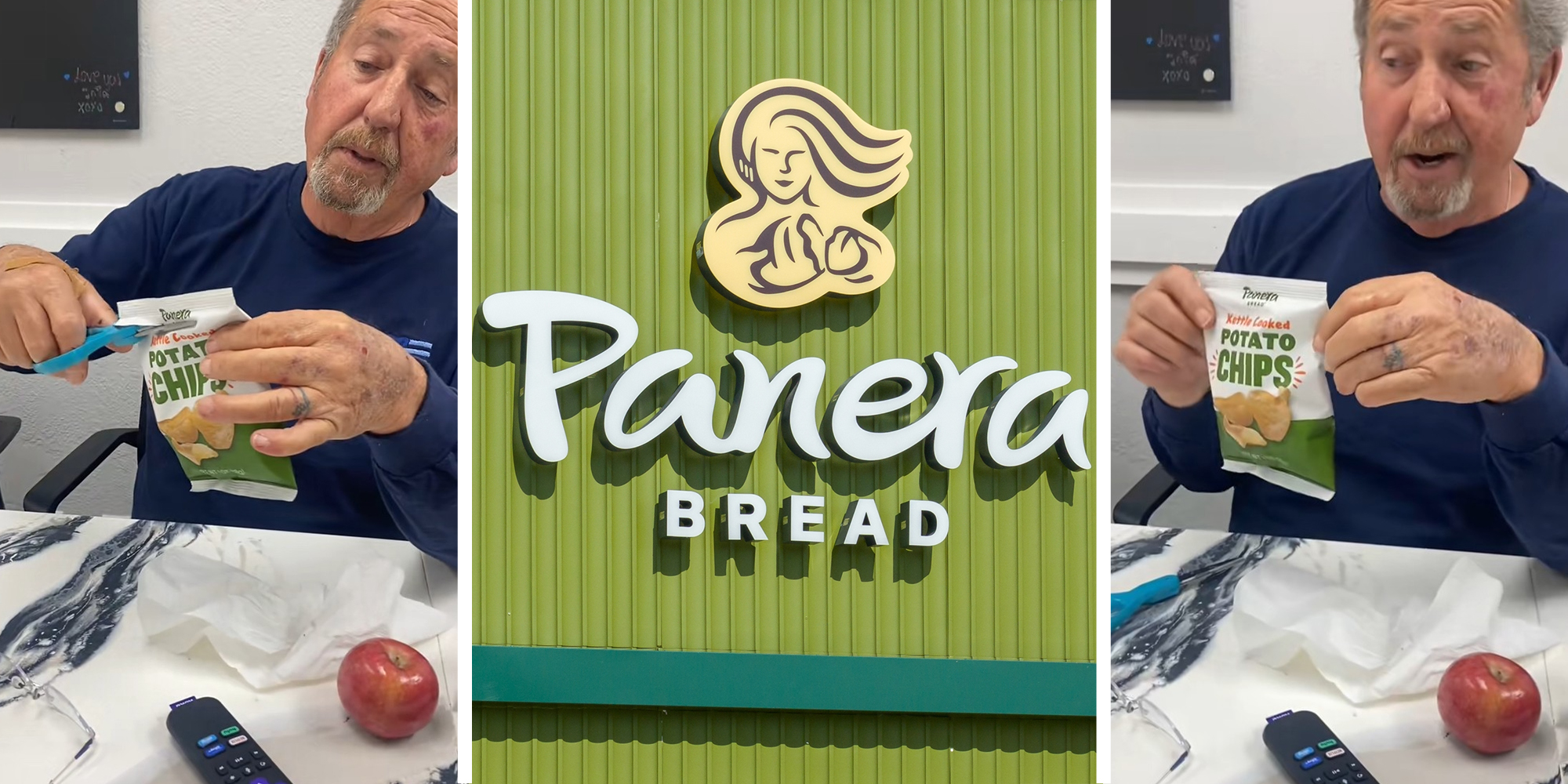 man opens panera chips with scissors(r) Panera Bread Logo(c) Man holds up panera potato chips(r)
