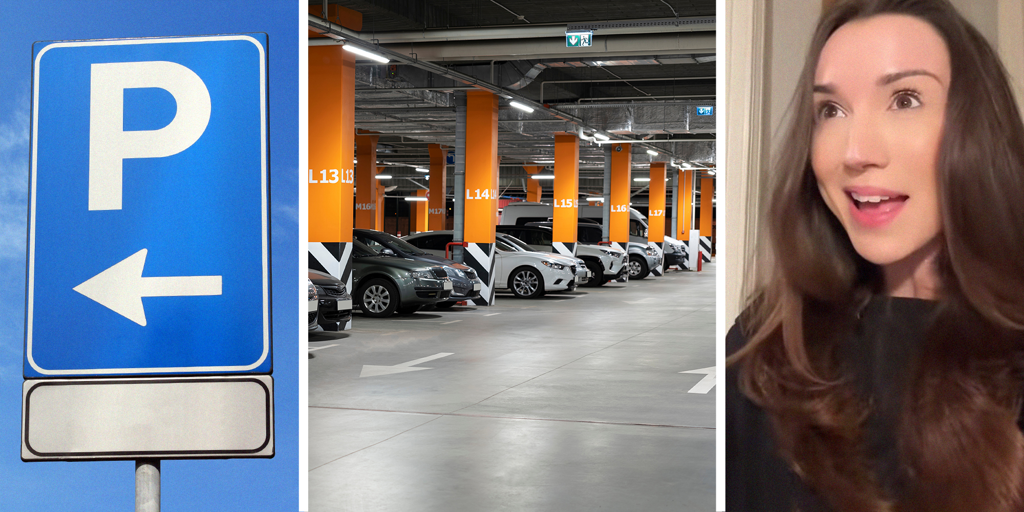 Parking Sign(l) Parking garage filled with cars(c) woman sharing what happened when parking in a double helix garage(r)