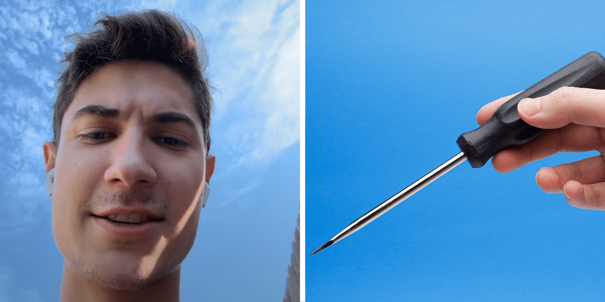 2 image split. Man looking at camera on left. Screwdriver in hand on right.