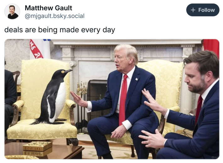 penguin at the Oval Office getting silenced by Trump and Vance.