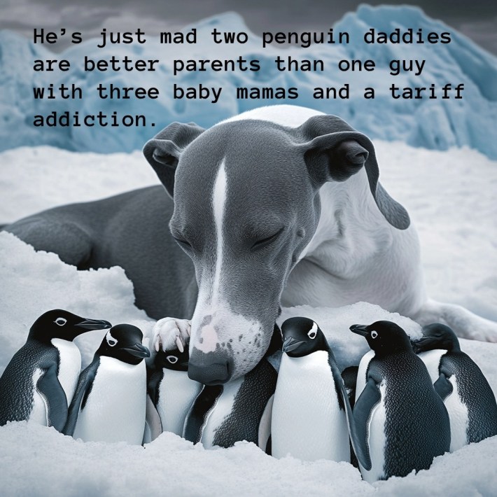 Meme that says, "He's just mad two penguin daddies are better parents than one guy with three baby mamas and a tariff addiction." with a dog surrounded by penguins.